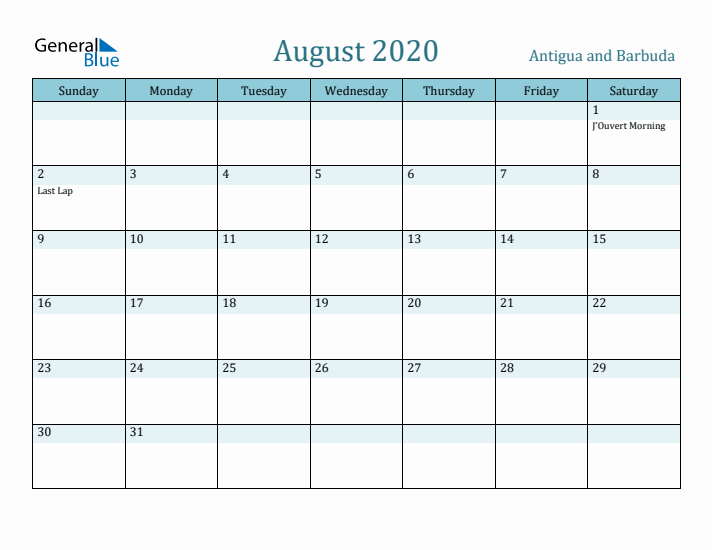 August 2020 Calendar with Holidays