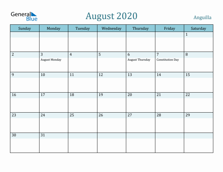 August 2020 Calendar with Holidays