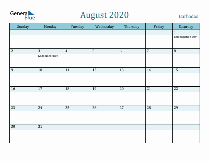 August 2020 Calendar with Holidays