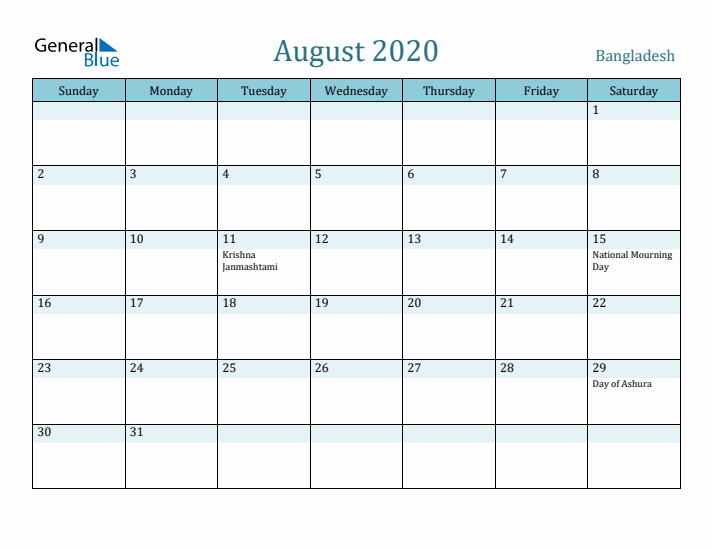 August 2020 Calendar with Holidays