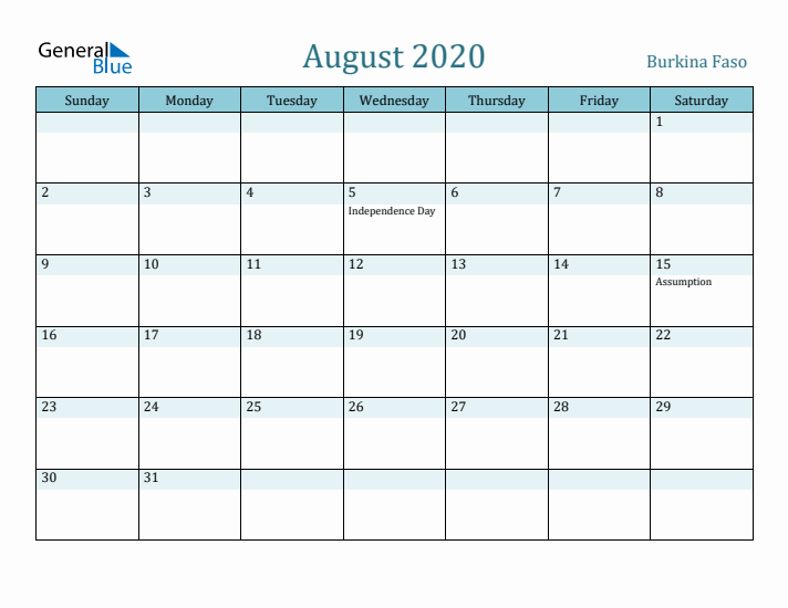 August 2020 Calendar with Holidays