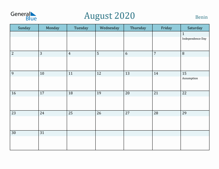 August 2020 Calendar with Holidays