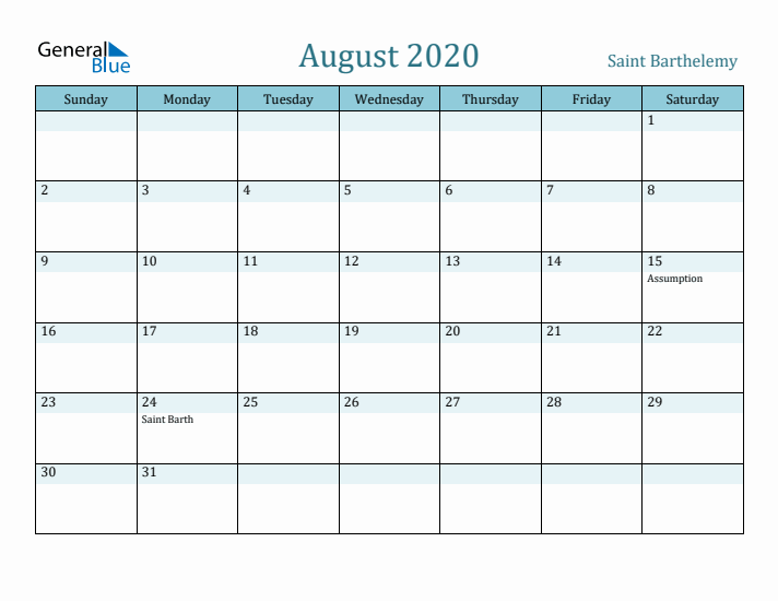 August 2020 Calendar with Holidays