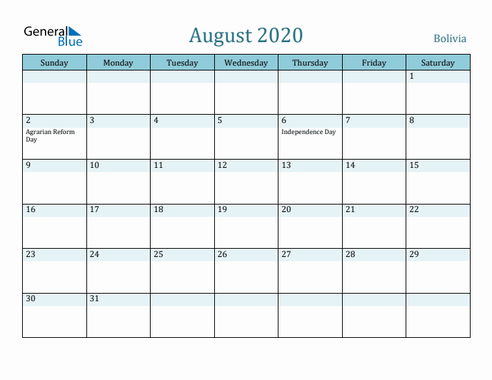 August 2020 Calendar with Holidays