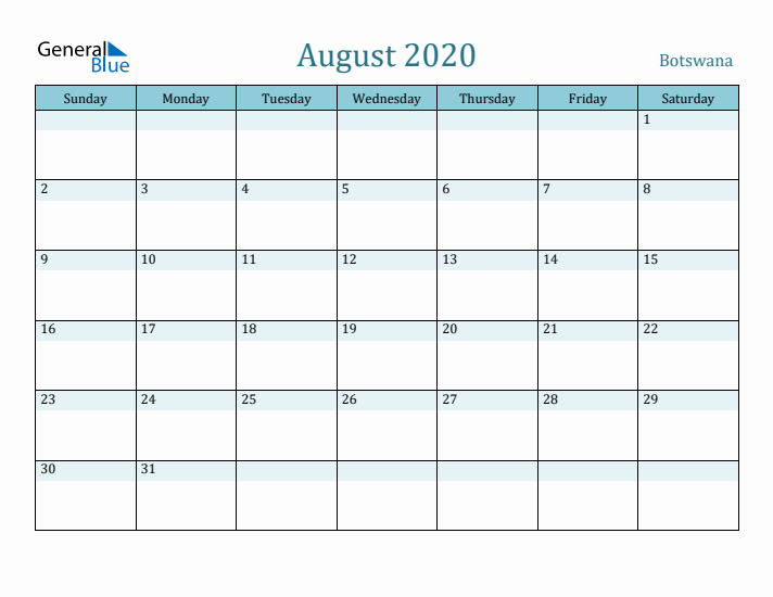 August 2020 Calendar with Holidays