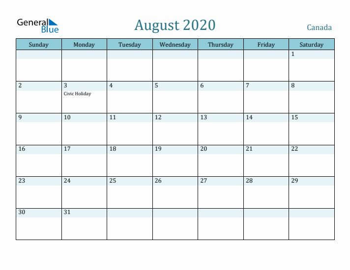 August 2020 Calendar with Holidays