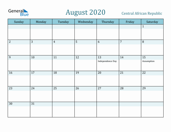 August 2020 Calendar with Holidays