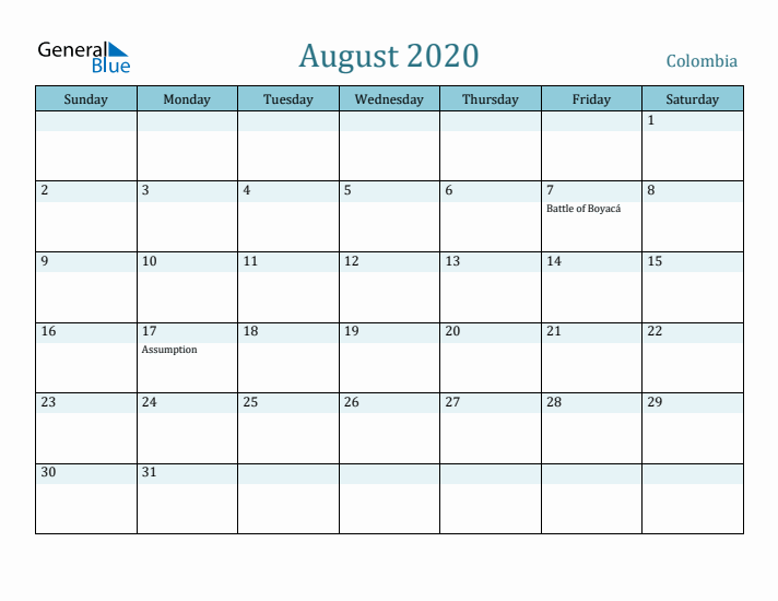 August 2020 Calendar with Holidays