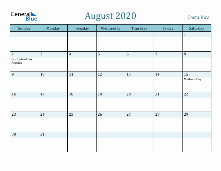 August 2020 Calendar with Holidays