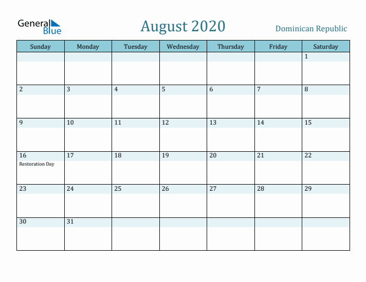 August 2020 Calendar with Holidays