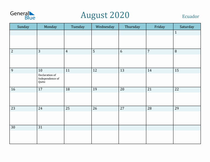 August 2020 Calendar with Holidays