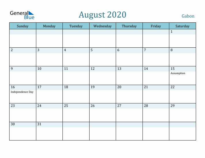 August 2020 Calendar with Holidays