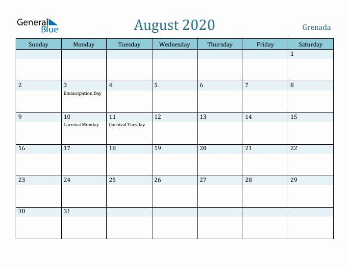 August 2020 Calendar with Holidays