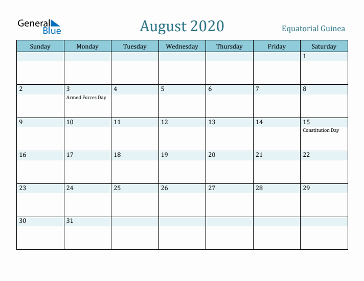 August 2020 Calendar with Holidays