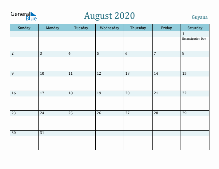 August 2020 Calendar with Holidays