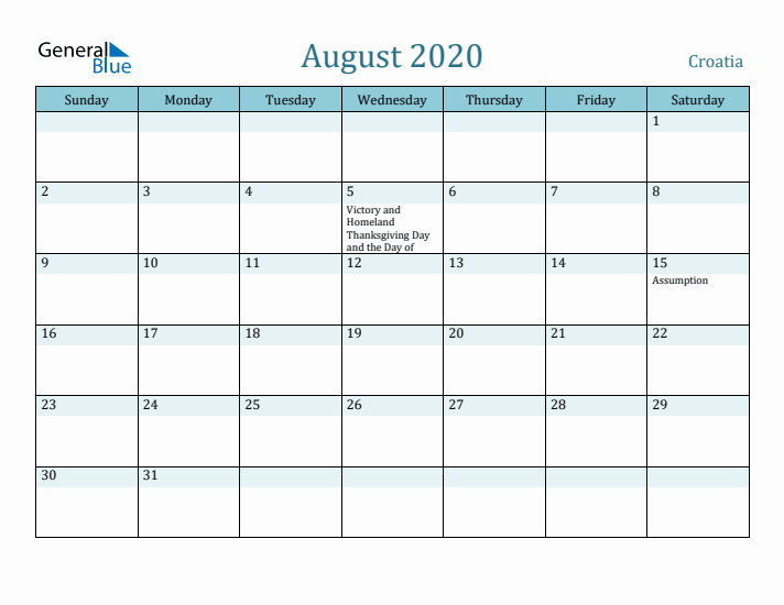 August 2020 Calendar with Holidays