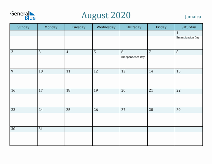 August 2020 Calendar with Holidays