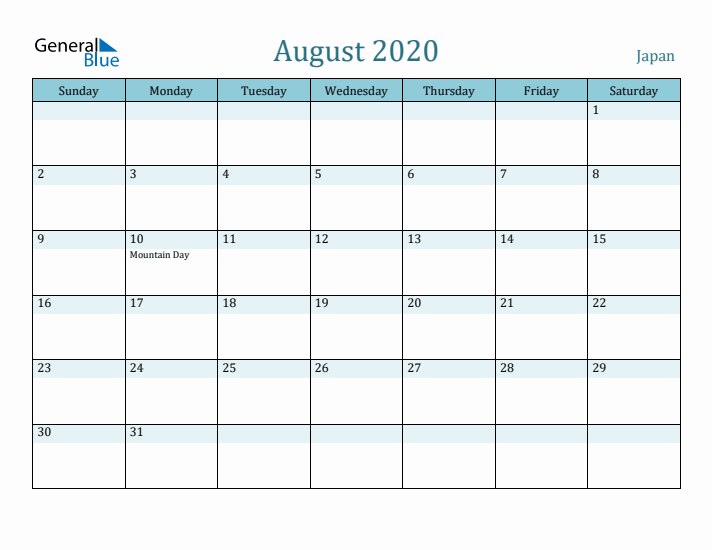 August 2020 Calendar with Holidays