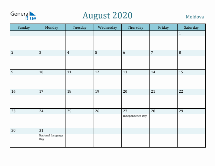 August 2020 Calendar with Holidays