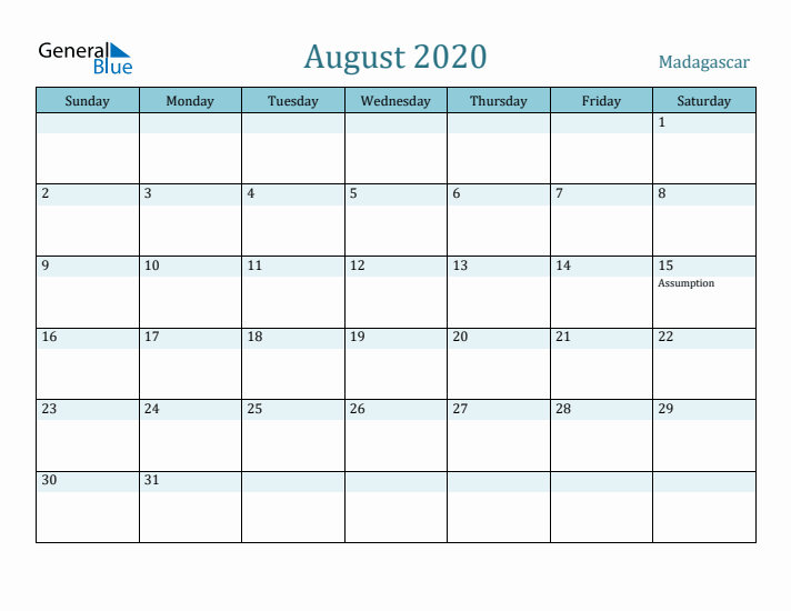 August 2020 Calendar with Holidays