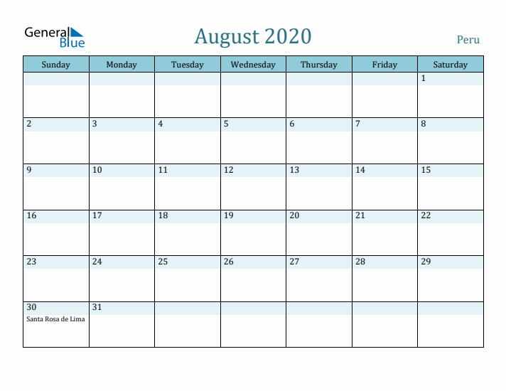 August 2020 Calendar with Holidays