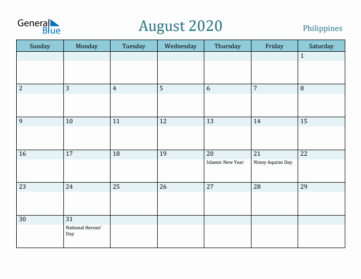 August 2020 Calendar with Holidays