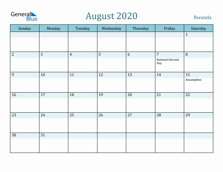 August 2020 Calendar with Holidays