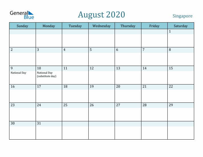 August 2020 Calendar with Holidays