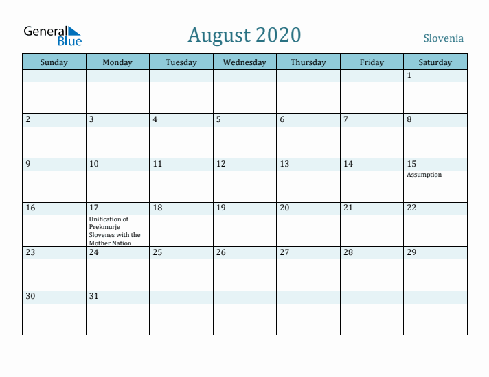 August 2020 Calendar with Holidays