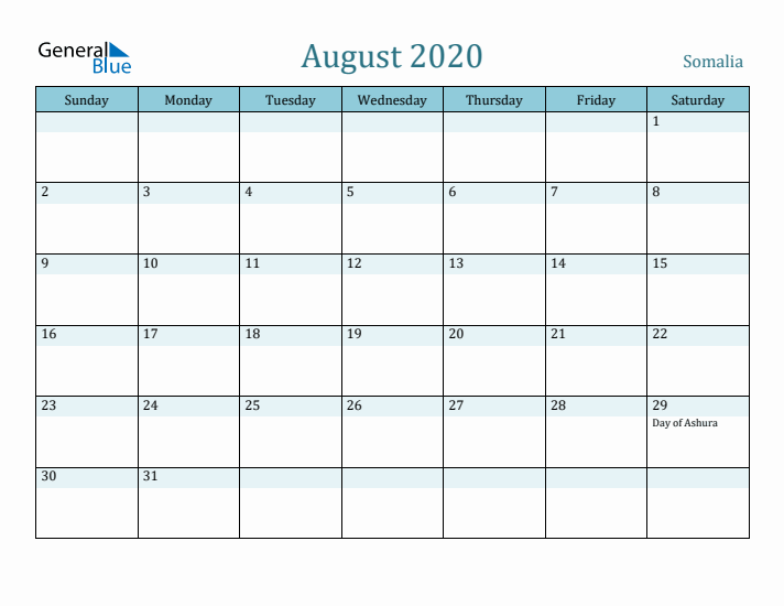 August 2020 Calendar with Holidays