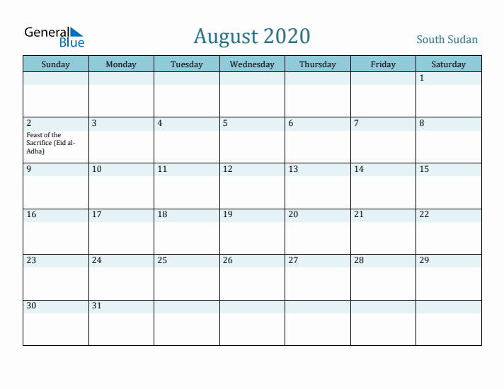 August 2020 Calendar with Holidays