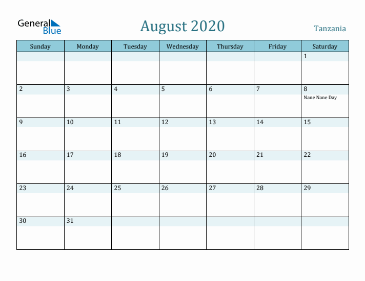 August 2020 Calendar with Holidays