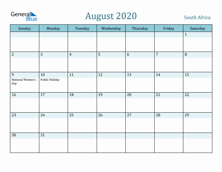 August 2020 Calendar with Holidays