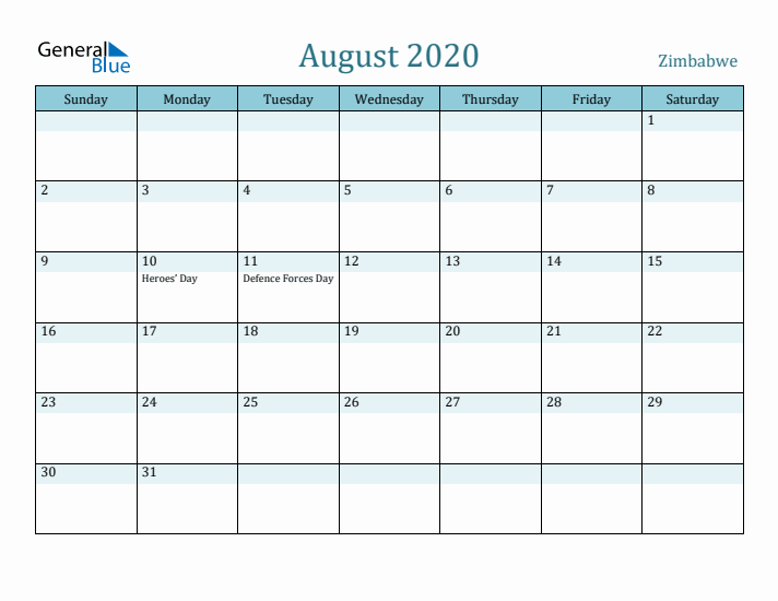 August 2020 Calendar with Holidays