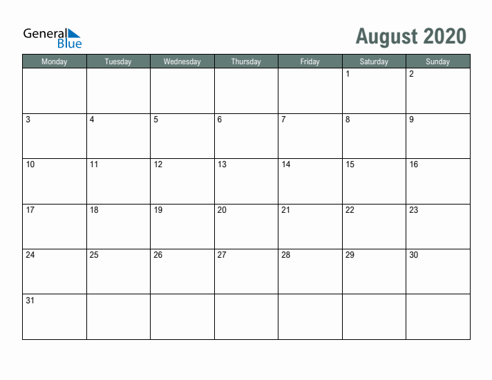 Free Printable August 2020 Calendar