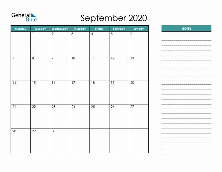 September 2020 Calendar with Notes