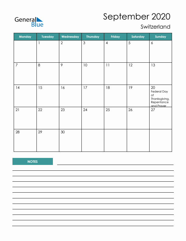 Calendar with Notes Printable - Monday Start