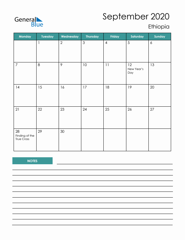 Calendar with Notes Printable - Monday Start