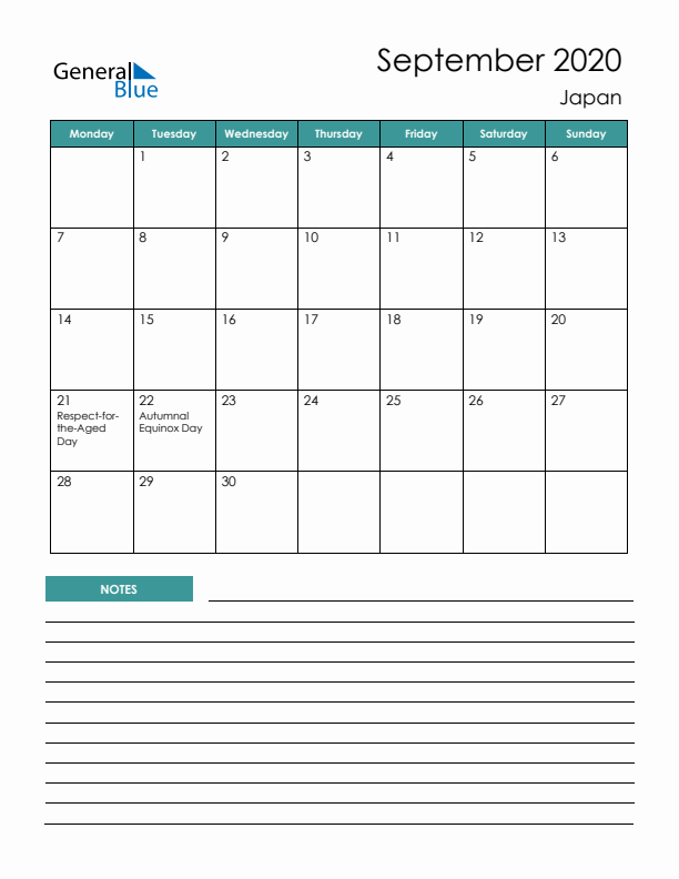 Calendar with Notes Printable - Monday Start