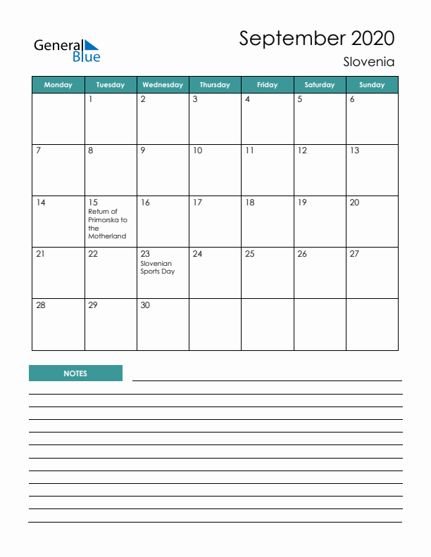 Calendar with Notes Printable - Monday Start