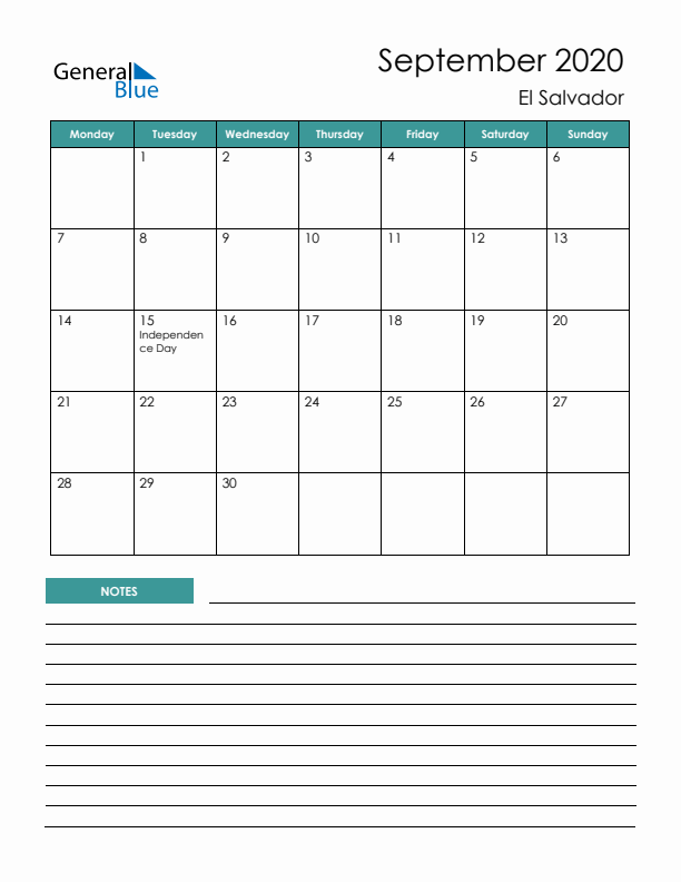 Calendar with Notes Printable - Monday Start