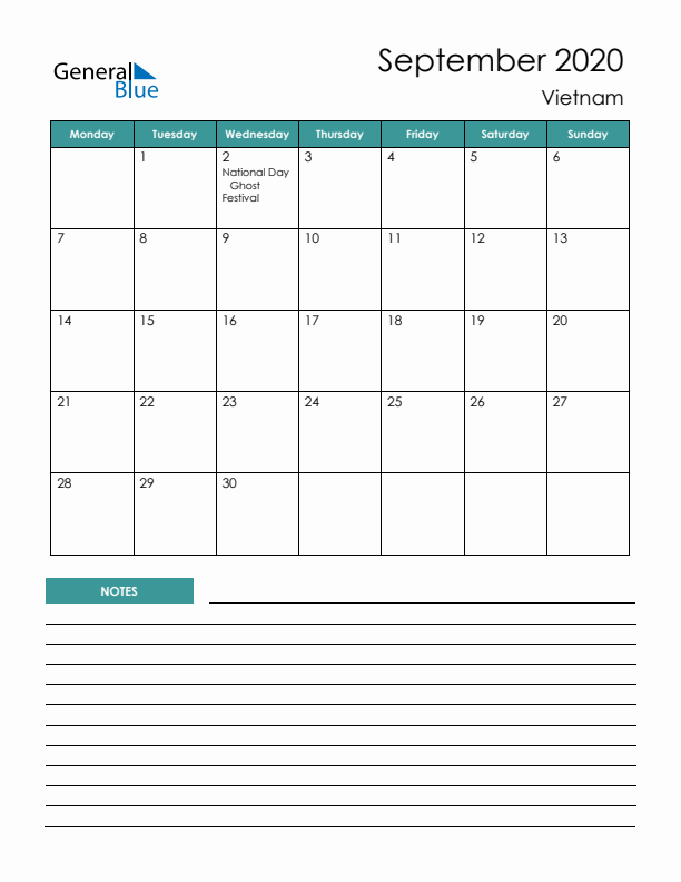 Calendar with Notes Printable - Monday Start