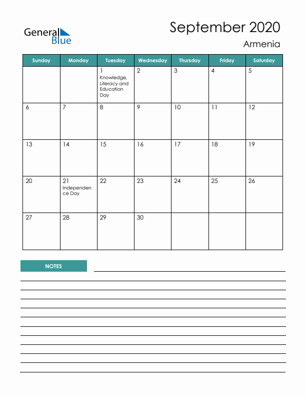 Calendar with Notes Printable - Sunday Start