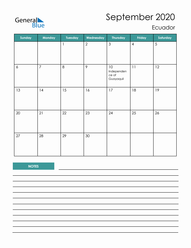 Calendar with Notes Printable - Sunday Start