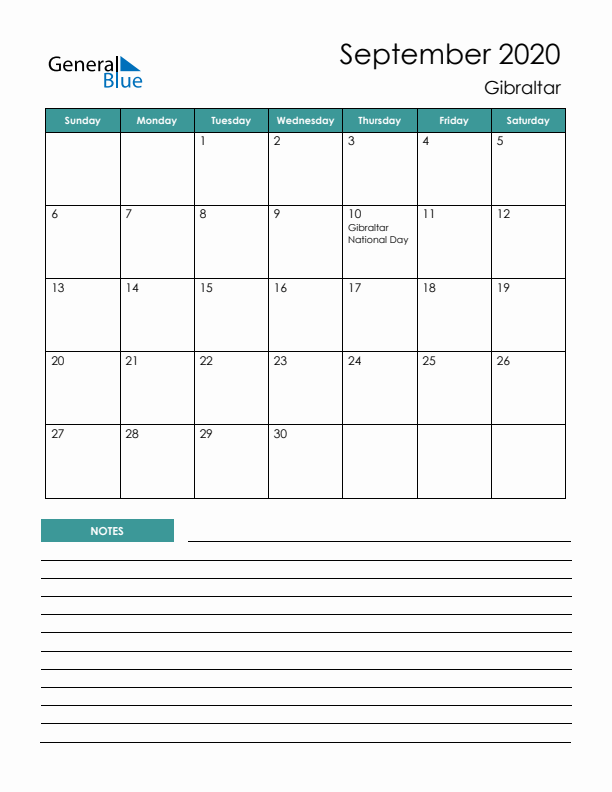 Calendar with Notes Printable - Sunday Start