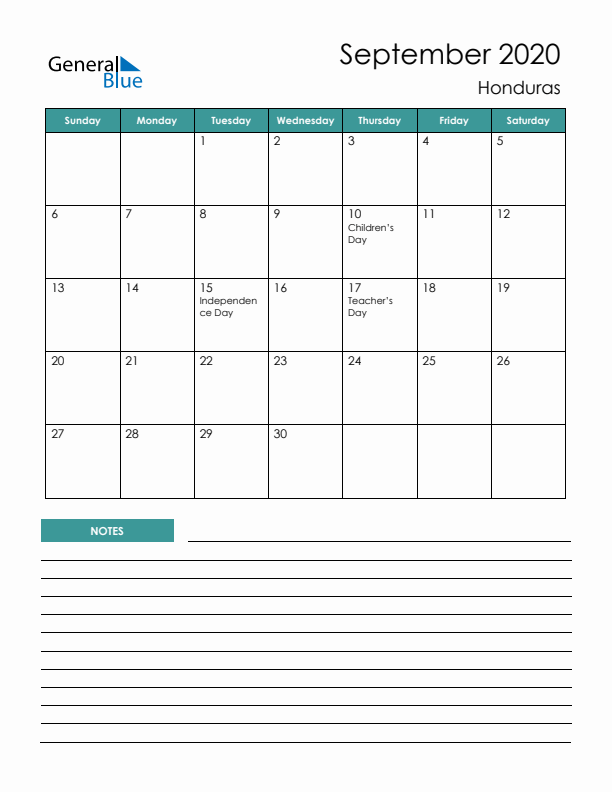 Calendar with Notes Printable - Sunday Start