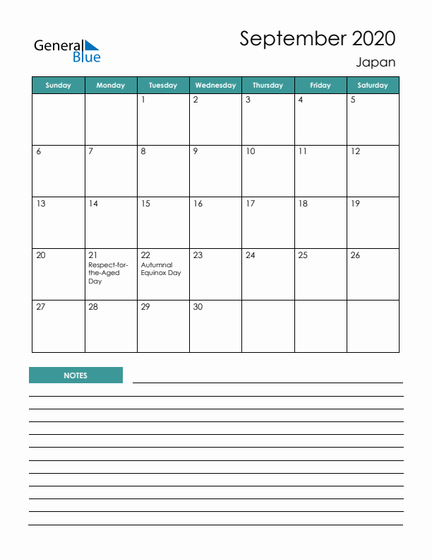 Calendar with Notes Printable - Sunday Start