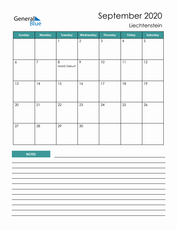 Calendar with Notes Printable - Sunday Start