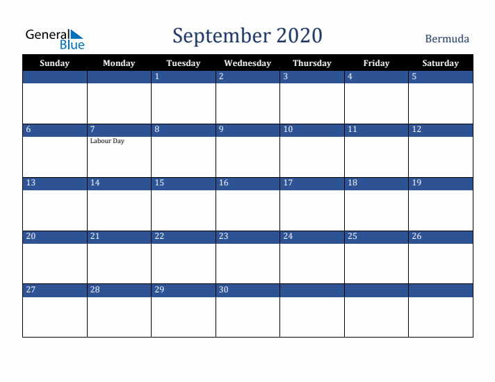 September 2020 Bermuda Calendar (Sunday Start)