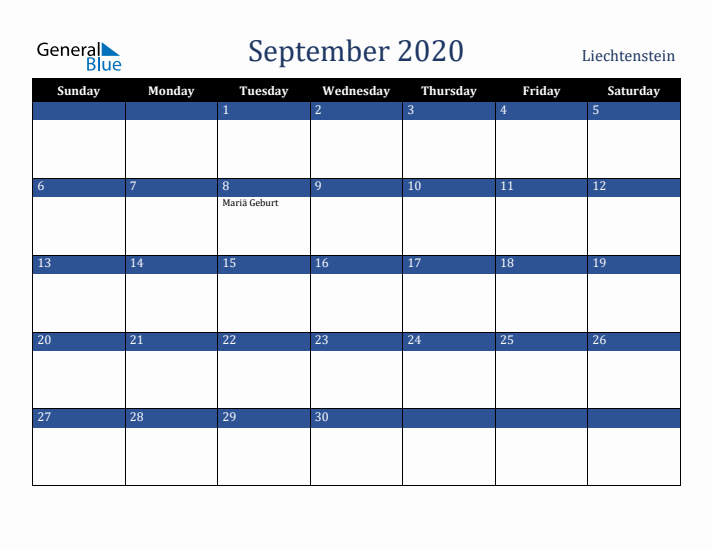 September 2020 Liechtenstein Calendar (Sunday Start)